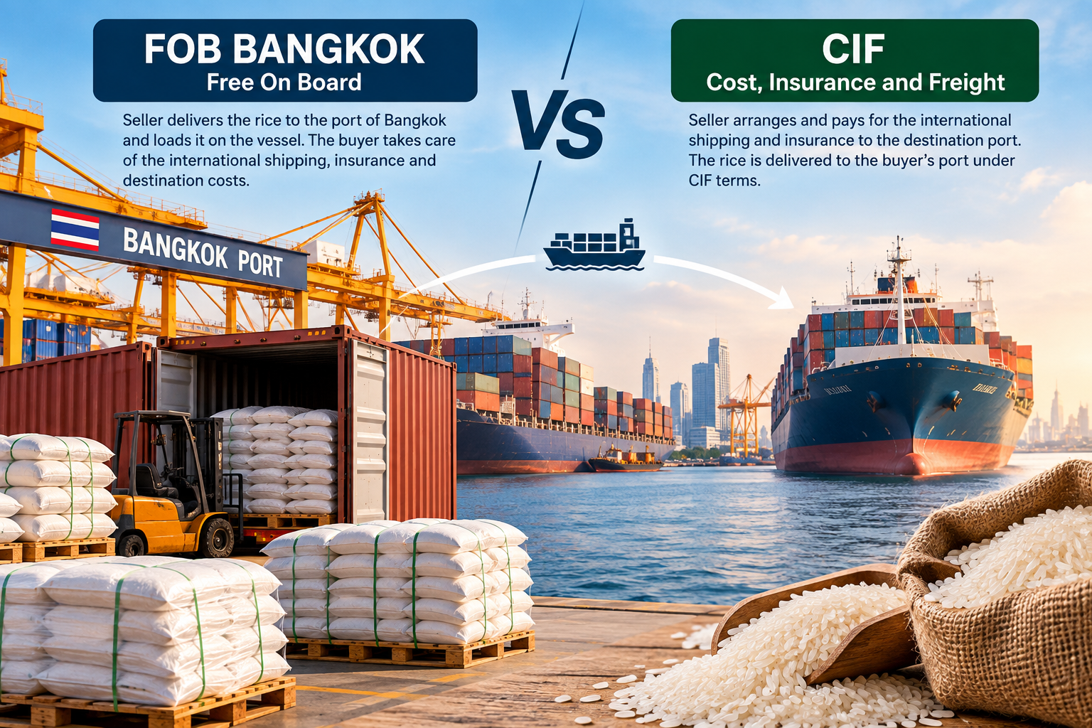 FOB Bangkok vs CIF shipping for rice exports: a cost and risk breakdown for bulk importers
