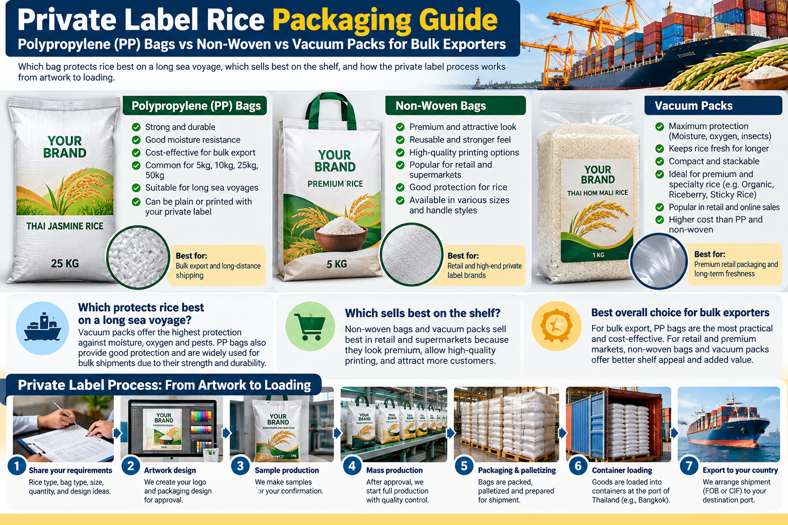 Private label rice packaging guide: polypropylene (PP) bags vs non-woven vs vacuum packs for bulk exporters
