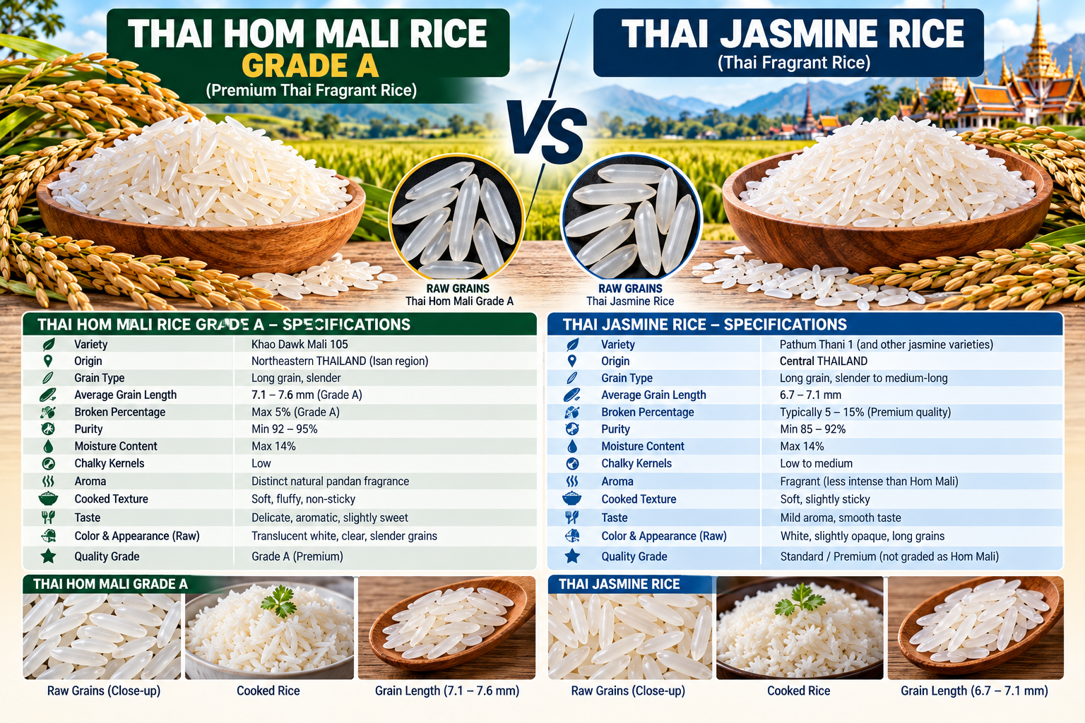 Thai Hom Mali Grade A vs Thai Jasmine: B2B specifications, moisture levels and cooking performance