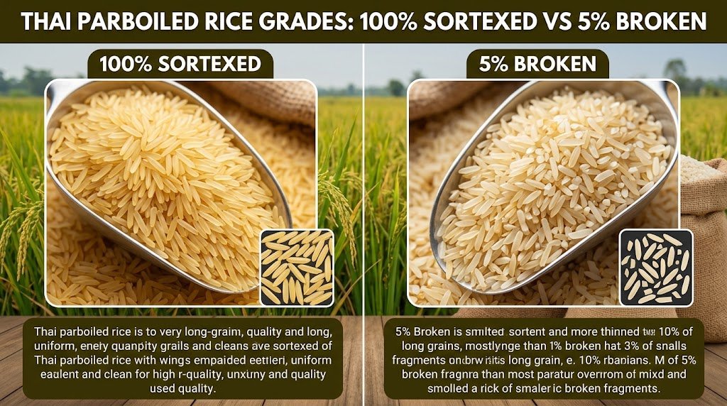 Understanding Thai parboiled rice grades (100% sortexed vs 5% broken) for bulk import to West Africa and the Middle East